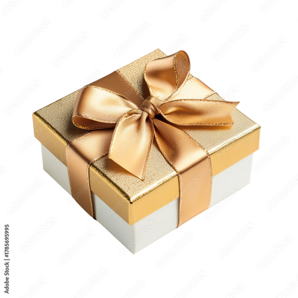 Obraz premium A luxurious golden gift box tied with an elegant satin ribbon, placed on a clean white background. The image conveys a sense of celebration, luxury, and special occasion. Perfect for use in holiday de