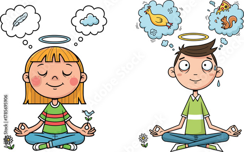 Cartoon kids meditating with calm and distracted minds, mindfulness contrast illustration, peaceful vs anxious expression, vector emotional balance concept, nature setting design