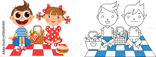 Cartoon kids picnic scene, color and outline comparison, outdoor lunch illustration, fruit basket and blanket concept, vector coloring activity design