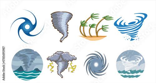 Hurricane icon set. Tornado, storm, and typhoon symbols collection. Cyclone spiral and twister funnel vector graphic elements for weather forecast or natural disaster warning. vector illustration.