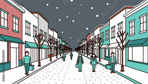 People stroll along a snowy street illuminated by bright Christmas lights, holding bags filled with gifts.