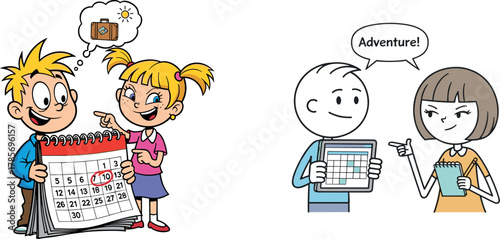 Cartoon kids planning vacation, calendar and tablet illustration, summer adventure concept, travel preparation scene, joyful children interaction, vector holiday planning design