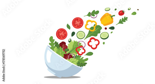 Fresh and healthy salad ingredients: greens, tomatoes, cucumbers, bell peppers, and onions, dynamically tossing from a bowl on a white background.