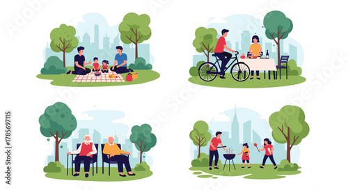 People enjoying various leisure activities like picnics, cycling, relaxing, and barbecuing in a vibrant city park.