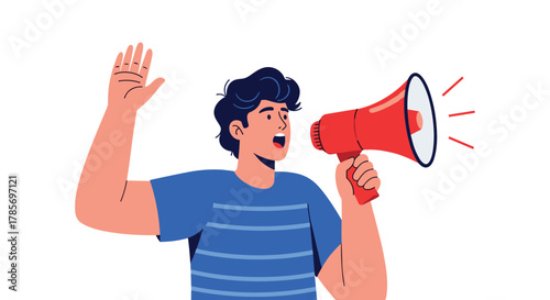 An energetic young man uses a red megaphone to make a loud announcement or protest, raising one hand for emphasis and attention.