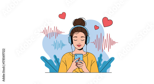Happy young woman listening to music on her phone through headphones, with sound waves and hearts representing love for audio.