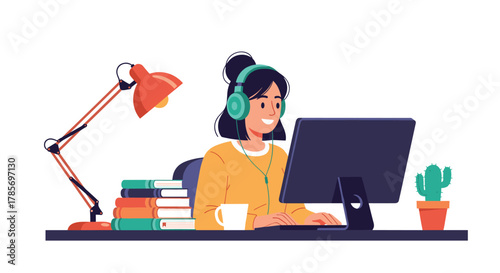 Happy young woman learning online or working remotely from her home office setup, wearing headphones and using a desktop computer.