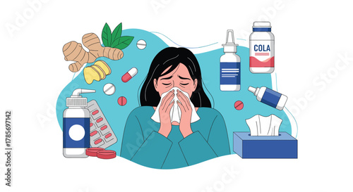 A distressed woman suffering from cold or flu symptoms, sneezing into a tissue, surrounded by an assortment of medications and home remedies.