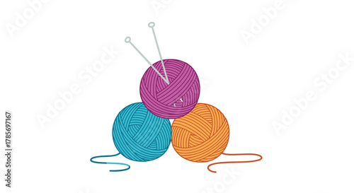 Three colorful balls of yarn, one purple, one blue, and one orange, with knitting needles inserted into the top purple ball, depicting a crafting hobby.
