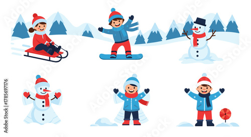 Happy children and joyful snowmen engage in various winter activities like sledding, snowboarding, and making snow angels in a snowy landscape.
