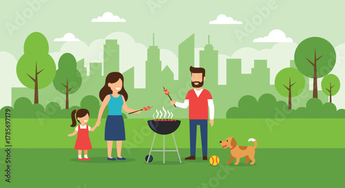 A happy family with their pet dog enjoys a summer barbecue picnic in a green urban park with city buildings in the background.