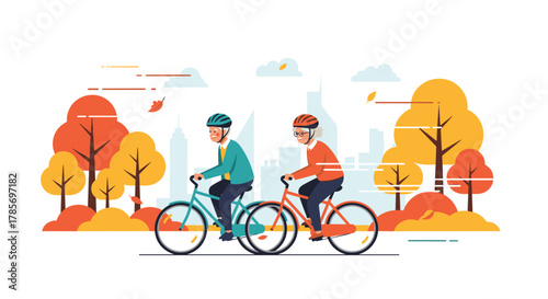 Elderly couple enjoying a leisurely bicycle ride through an autumn park with a city skyline in the background, promoting an active senior lifestyle.