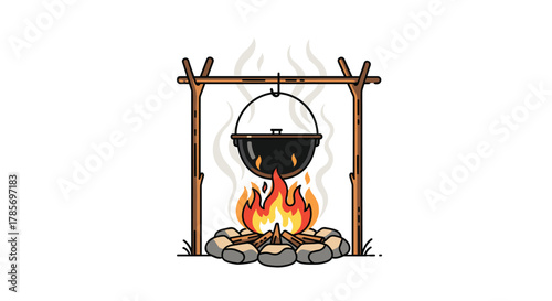 A stylized illustration showing a traditional camp cooking setup with a pot over a burning campfire.