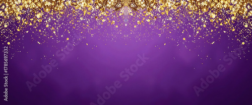 Glittering gold confetti on purple background for celebrations  