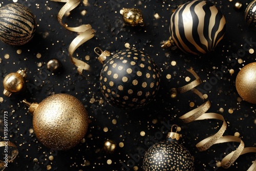 Elegant gold and black Christmas ornaments and confetti are scattered on a dark background.