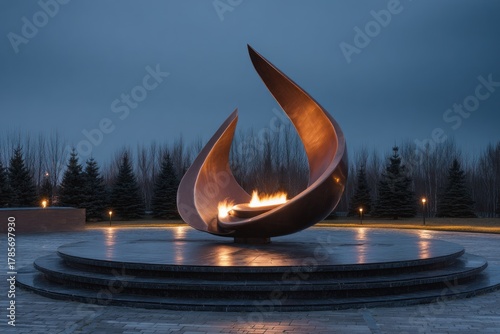 A memorial monument with an eternal flame burns brightly against a twilight sky.