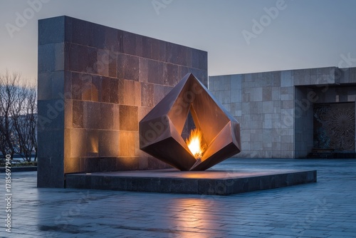 A modern eternal flame sculpture burns brightly in front of a stone wall at dusk.
