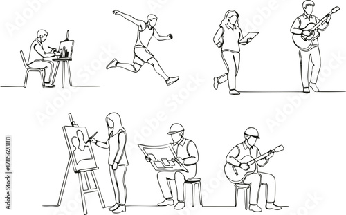 Elegant continuous line art illustrations depicting various individuals engaged in diverse hobbies, creative pursuits, and active leisure activities