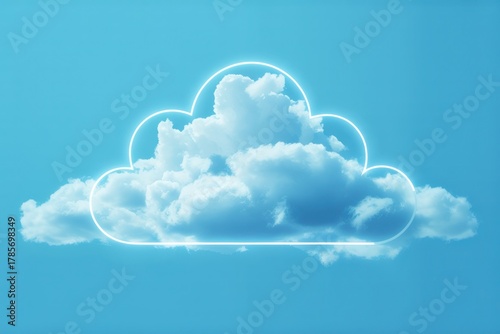 A bright blue sky serves as the backdrop for a fluffy white cloud outlined with neon light.