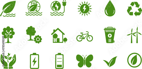 A versatile set of green ecology and environment icons. Vector symbols representing renewable energy, sustainability, recycling, and nature