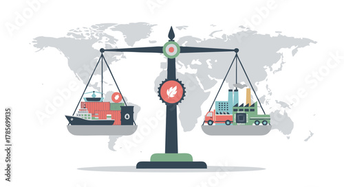 Concept of a balanced global economy, with scales weighing industrial manufacturing against international shipping and trade