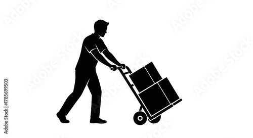 Delivery Worker Pushing Hand Truck with Boxes Silhouette