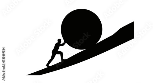 Man Pushing Large Boulder Uphill Silhouette