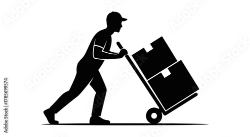 Delivery Worker Pushing Hand Truck with Boxes Silhouette