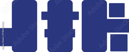 Abstract blue geometric shapes representing industrial components Three abstract blue geometric forms, resembling industrial pipes or connectors, are arranged in a linear fashion against a white 