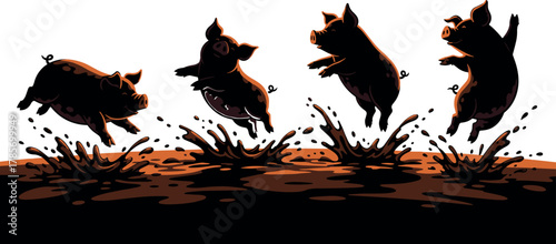 Cartoon pigs jumping into muddy puddle, playful animal vector illustration for decor, logo, editorial, kids design, and nature-themed artwork