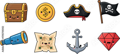 Cartoon Pirate and Treasure Icons – Chest, Flag, Hat, Map, Coin, Telescope, Anchor, Gemstone
