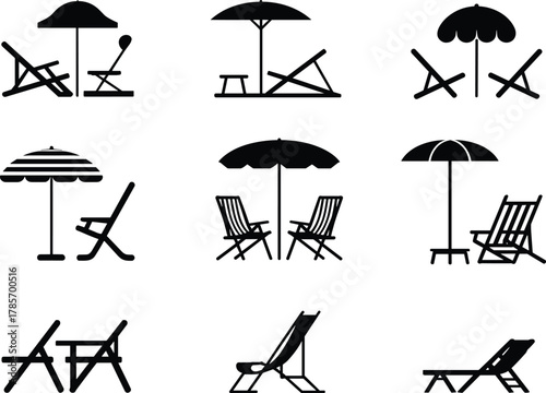 Beach chair icons, umbrella silhouettes, outdoor relaxation symbols, summer vacation elements, minimalist leisure set, flat vector illustration