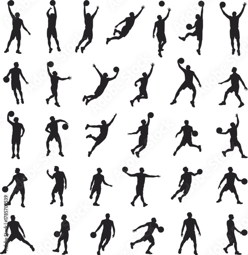 Basketball player silhouette poses, dynamic sports movement, dribbling shooting dunking actions, athletic icon set, flat vector illustration