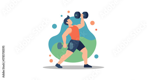 An illustrated man is lifting dumbbells, demonstrating a fitness routine with a colorful background, representing exercise and a healthy lifestyle.