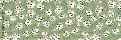 Seamless vector pattern with cream floral blooms and leafy branches on a soft sage green background. Elegant botanical design for textiles, wrapping, and home decor