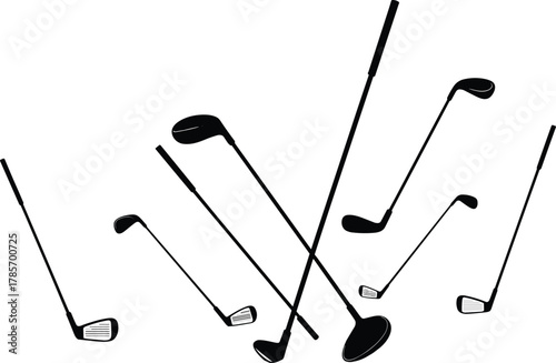 Golf club collection, sports equipment, driver iron wedge, flat vector illustration, golfing tools, athletic gear, professional sport, outdoor activity, precision swing