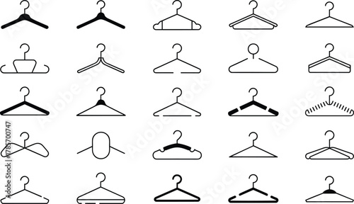 Hanger icon set, clothes hanger collection, wardrobe symbols, fashion storage tools, minimalist hooks, garment rack silhouettes, flat vector illustration
