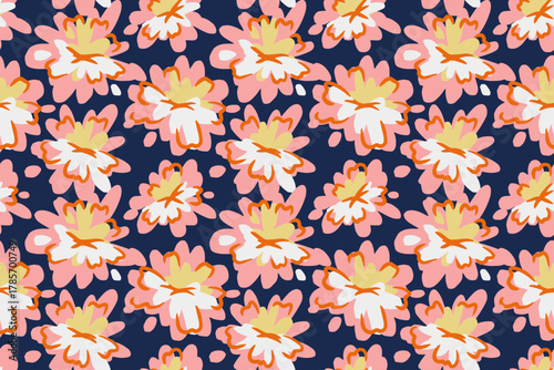 Wallpaper Mural Seamless vector pattern with abstract pink and white flowers outlined in orange on a dark navy background. Vibrant modern floral design for fabric, stationery, and decor Torontodigital.ca