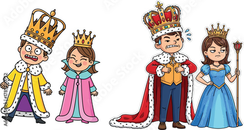 Cartoon royal couples with contrasting emotions, cheerful vs stern king and queen illustration, fantasy monarchy concept, vector character design, humorous royalty scene