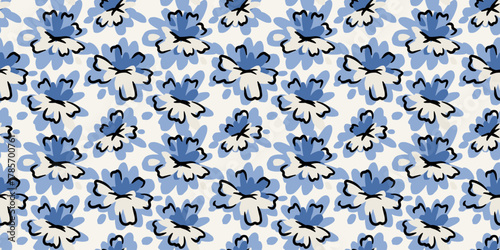 Seamless vector pattern with abstract blue and white flowers outlined in black on a light background. Modern floral design for textiles, wrapping paper, and home decor