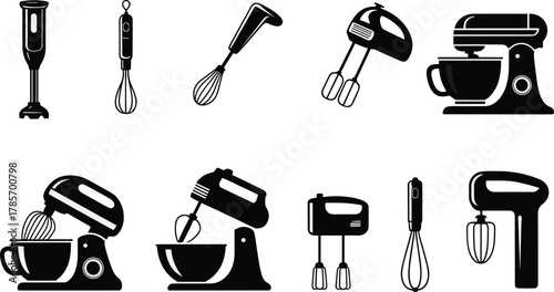 Kitchen mixer icons, whisk tools, hand blender, stand mixer, culinary appliance set, cooking equipment symbols, black silhouette, flat vector illustration