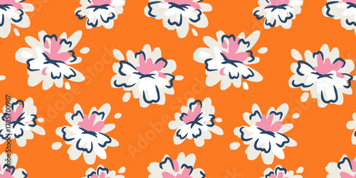 Seamless vector pattern with abstract white and pink flowers outlined in navy on a vivid orange background. Modern floral design for textiles, fashion, and home decor