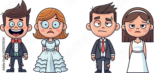 Cartoon wedding couples, happy vs stressed bride and groom illustration, expectation vs reality concept, humorous marriage scene, vector emotional contrast design