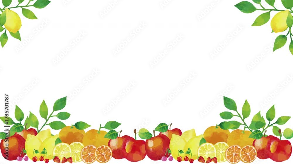 水彩風 フレッシュフルーツフレーム[背景白色] Fruit Series:Watercolor fresh fruit frame[white background]