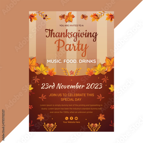 Modern Thanksgiving party flyer template with dark brown background, autumn leaves, and festive typography for food, music, and drinks events ideal for holiday gatherings or fall celebrations