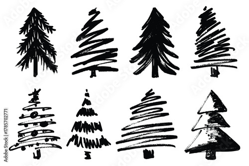Scribble Brush Stroke Christmas Trees Silhouettes Set. Hand drawn black brush painted Christmas trees. Doodle markers drawn fir trees for New Year and Christmas cards, posters, cover, wrapping paper 