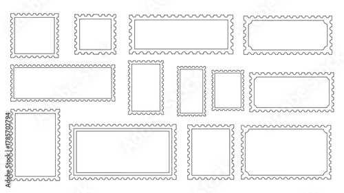 Collection of blank postage stamp frames with perforated edges isolated on white background