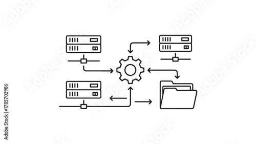Data flow diagram with servers, gear, and folder icons, isolated on white background