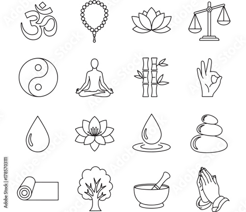 Collection of spiritual and wellness icons, isolated on white background