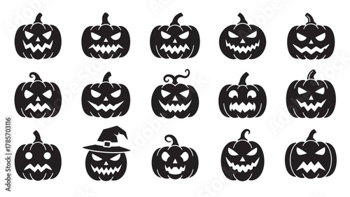 Collection of fifteen black halloween pumpkin jack o lanterns isolated on white background